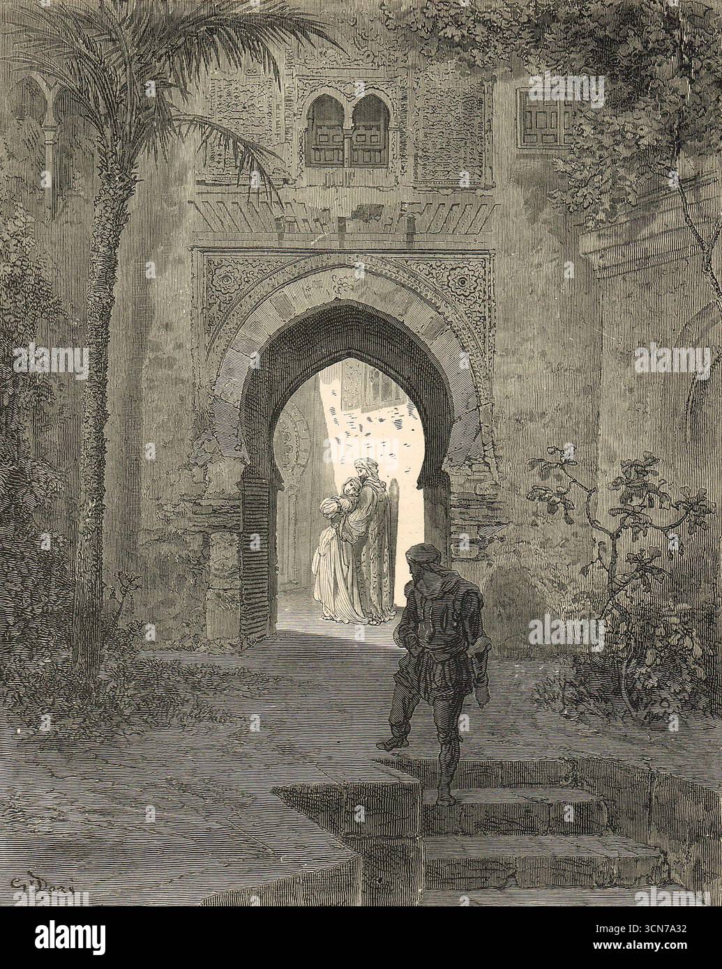 Hadji Morato eskortiert seine Tochter Zoraida zurück zu seinem Haus, nachdem ihr gescheiterter Versuch, mit den Christen zu fliehen, gescheitert war. Eine Don Quijote-Illustration von Gustave Dore. Stockfoto