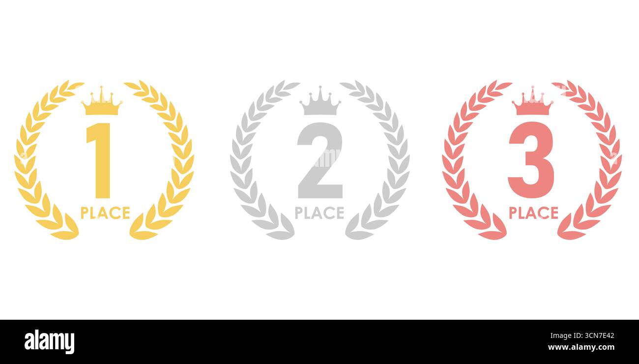Set der Auszeichnungen erster, zweiter und dritter Platz. Lorbeerkranz aus Gold, Silber und Bronze für den Trophy Cup. Champion und Siegerkonzept. Vektorabbildung. Stock Vektor