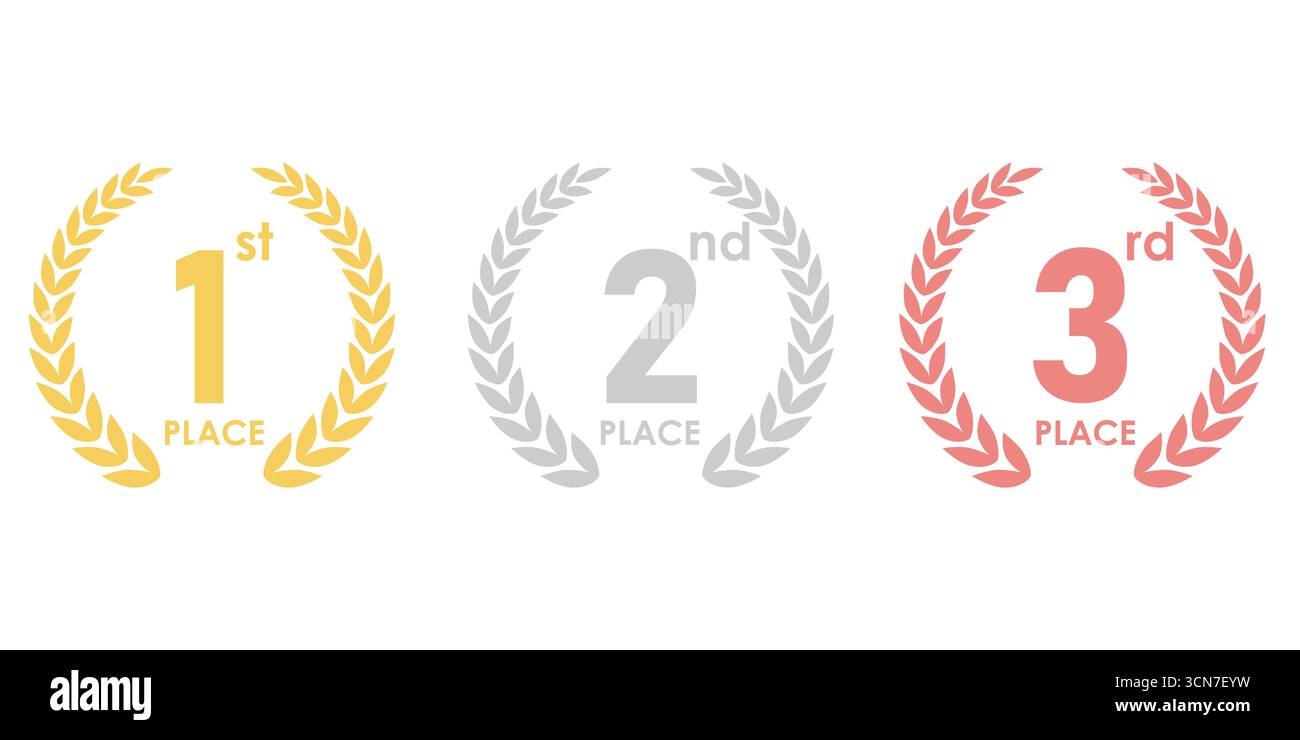 Set der Auszeichnungen erster, zweiter und dritter Platz. Lorbeerkranz aus Gold, Silber und Bronze für den Trophy Cup. Champion und Siegerkonzept. Vektorabbildung. Stock Vektor