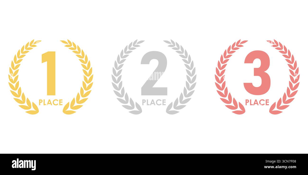 Set der Auszeichnungen erster, zweiter und dritter Platz. Lorbeerkranz aus Gold, Silber und Bronze für den Trophy Cup. Champion und Siegerkonzept. Vektorabbildung. Stock Vektor