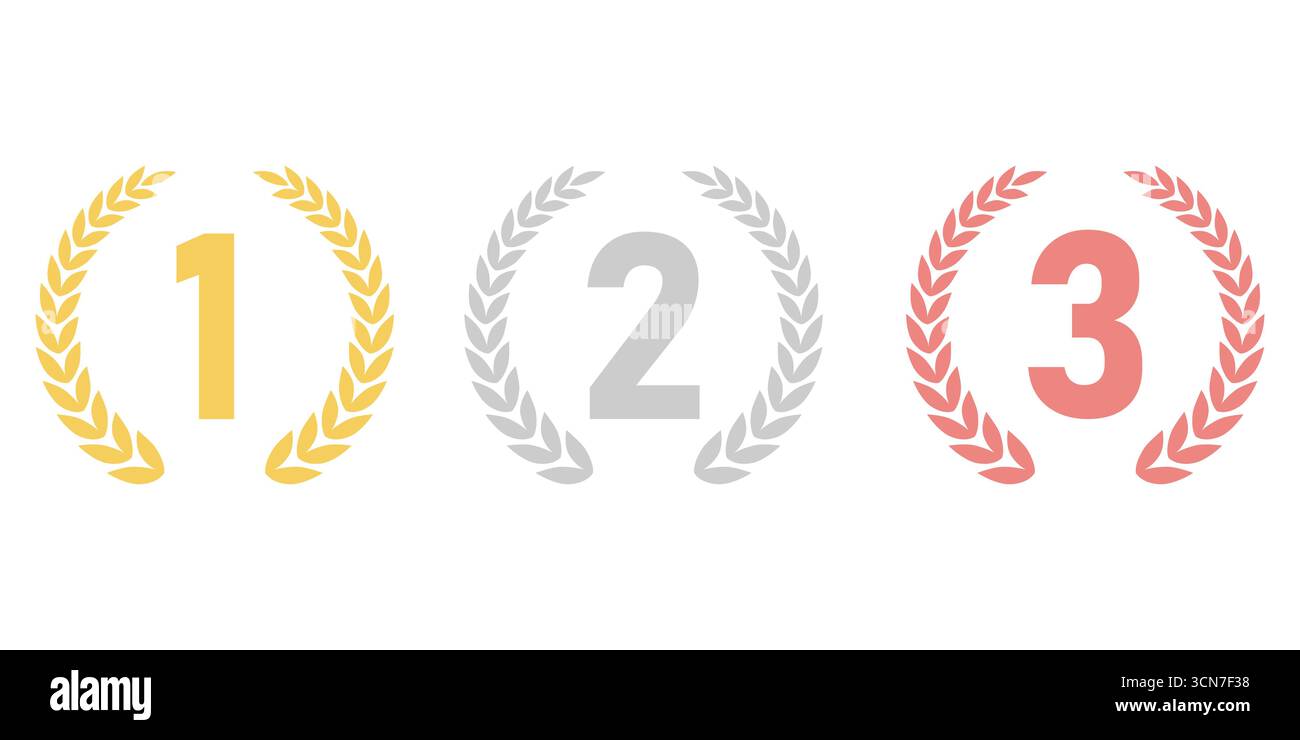 Set der Auszeichnungen erster, zweiter und dritter Platz. Lorbeerkranz aus Gold, Silber und Bronze für den Trophy Cup. Champion und Siegerkonzept. Vektorabbildung. Stock Vektor