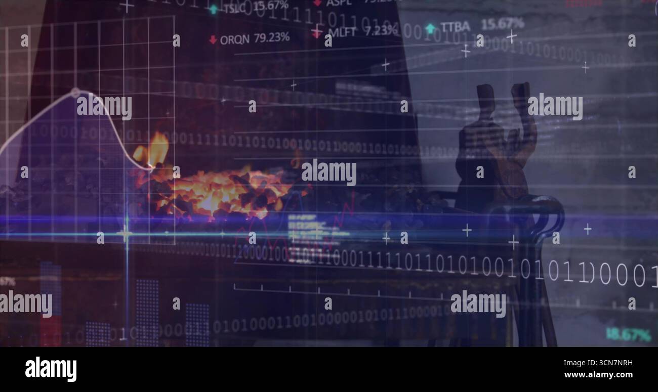 Marktdaten-Streaming über dem Kamin, mit Liniendiagramm, Tickern, Binär, glühender Glut, Figuren Stockfoto Marktdaten-Streaming über dem Kamin, mit Liniendiagramm, Tickern, Binär, glühender Glut, Figuren Stockfoto