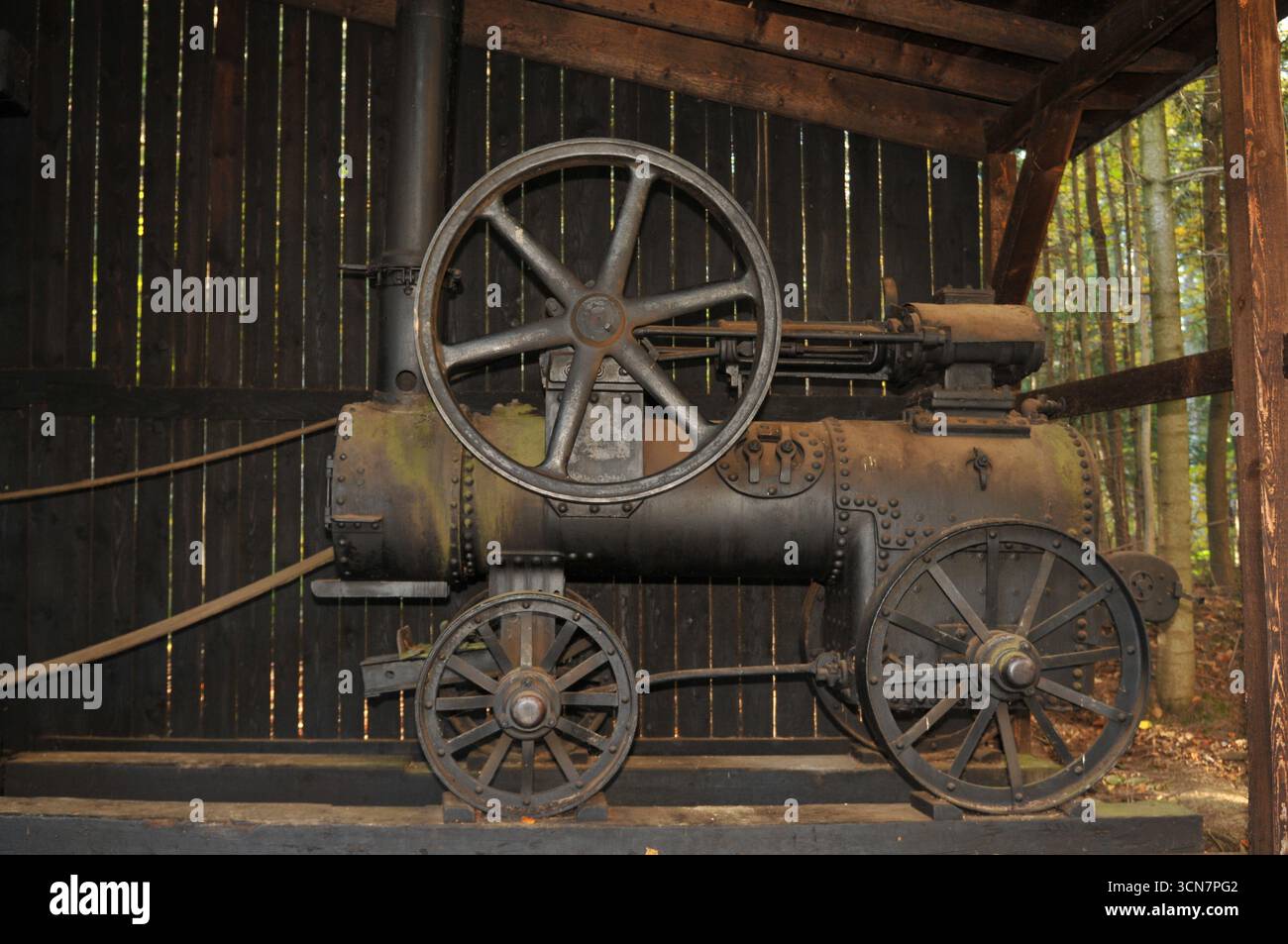 Alte tragbare Dampfmaschine für die Erdölindustrie, Bóbrka Öl- und Gasmuseum, Polen. Stockfoto