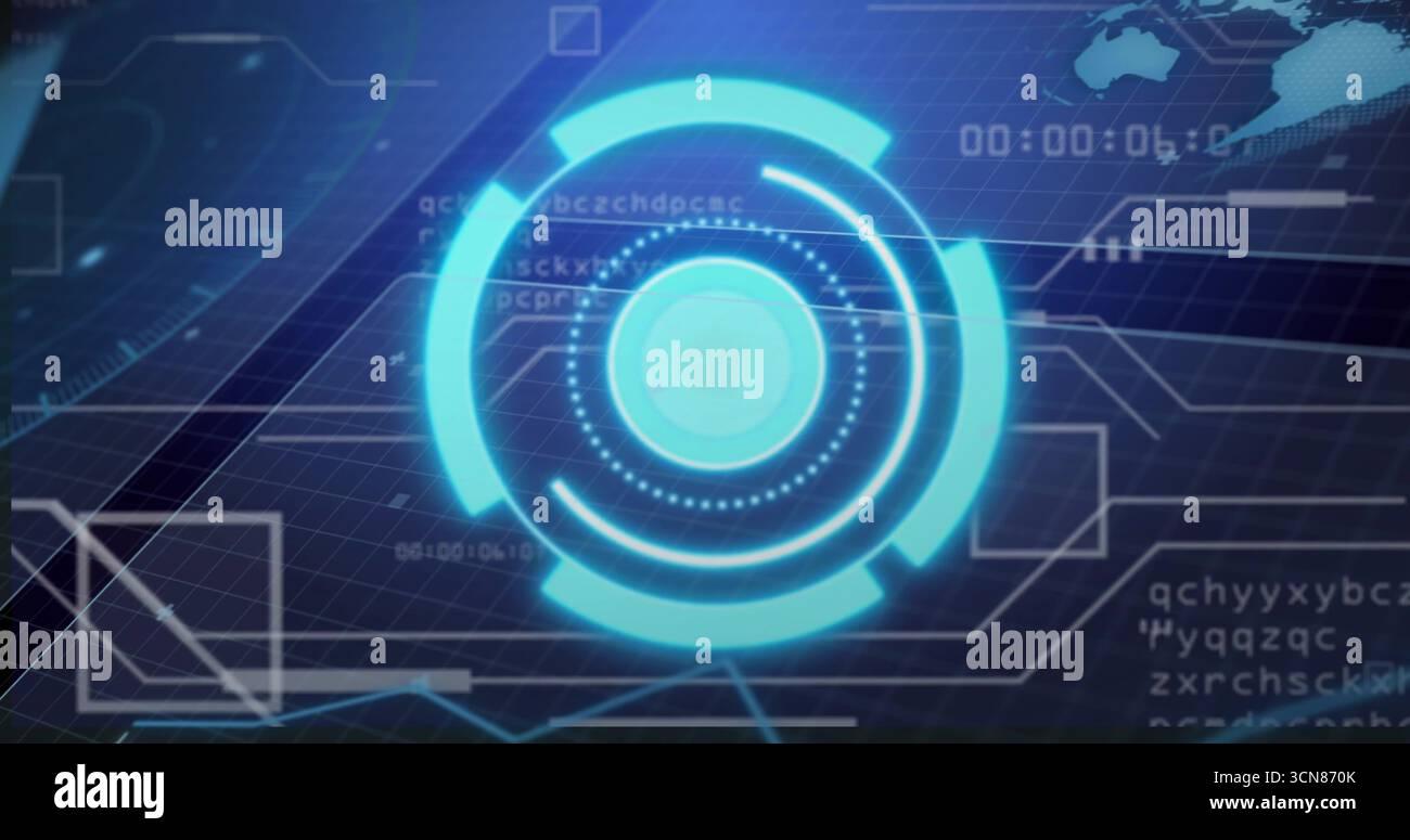 Holografisches UI-Element in der Konsole mit Rasterebene, Scrollcode und Weltkartenumrissen projiziert Stockfoto