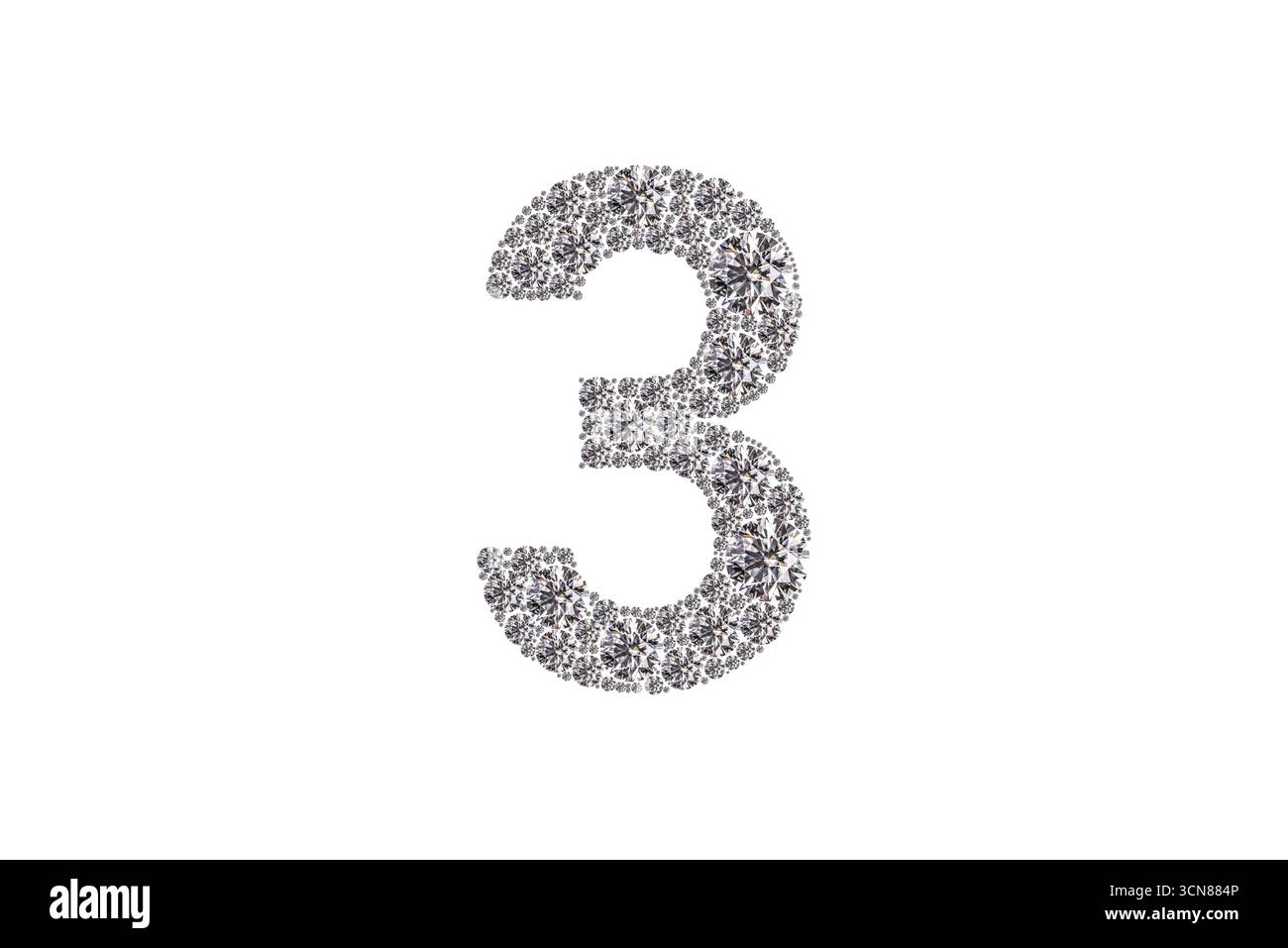 Eine Nummer 3 aus Glitzer. Die Nummer 3 besteht aus kleinen Diamanten Stockfoto