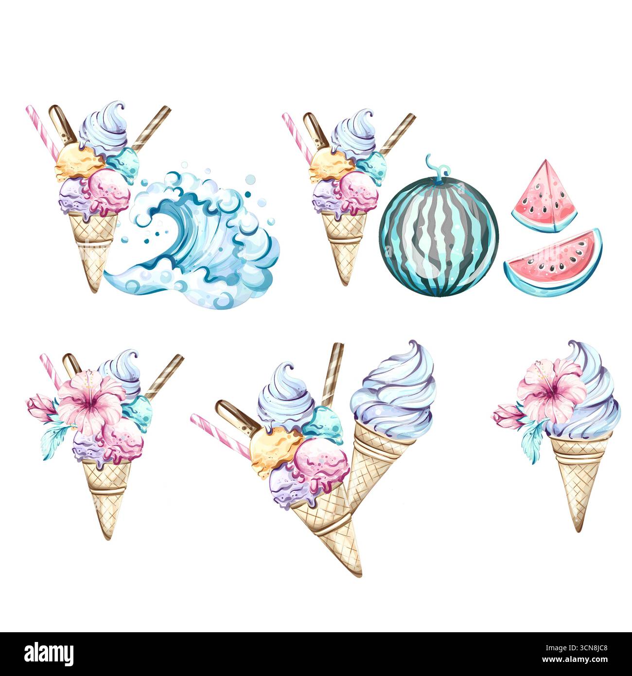 Kreative Sommerdesigns mit bunten Eiskegeln, erfrischenden Wassermelonen, Strandbällen und lebendigen Wellen sorgen für eine festliche Urlaubsatmosphäre Stockfoto