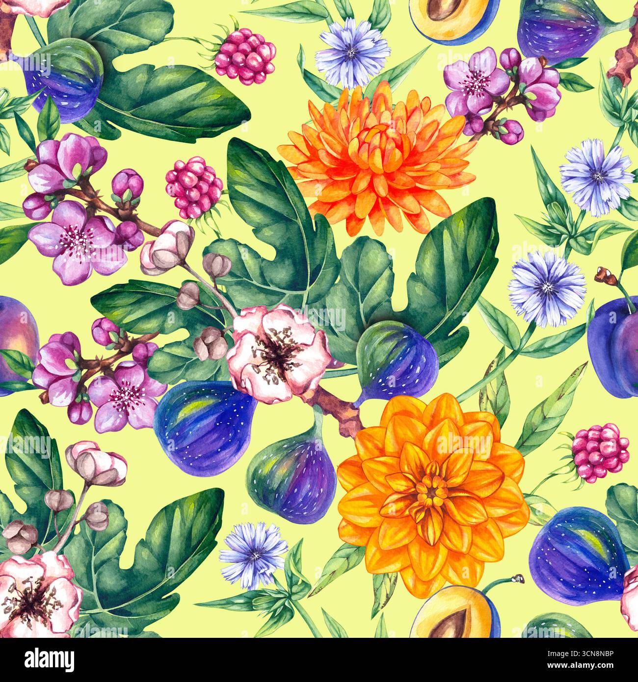 Fruchtiges Blumenaquarell Botanisches nahtloses Muster handgezeichnet Stockfoto