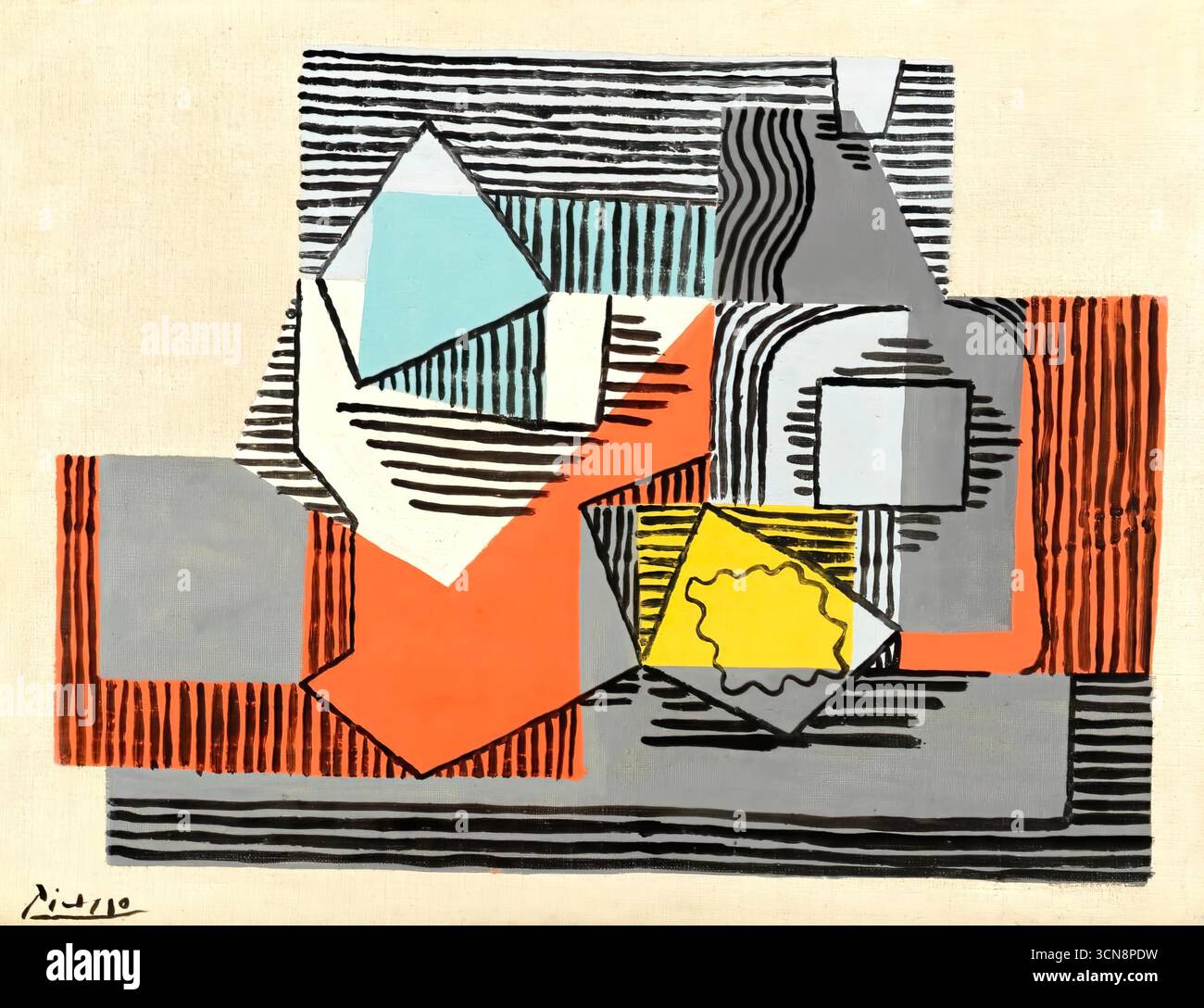 Pablo Picasso, Peinture (Compotier, bouteille et paquet de Cigarettes), 1922; Stilleben im neoklassizistischen Stil mit geometrischen Formen. Stock Vektor