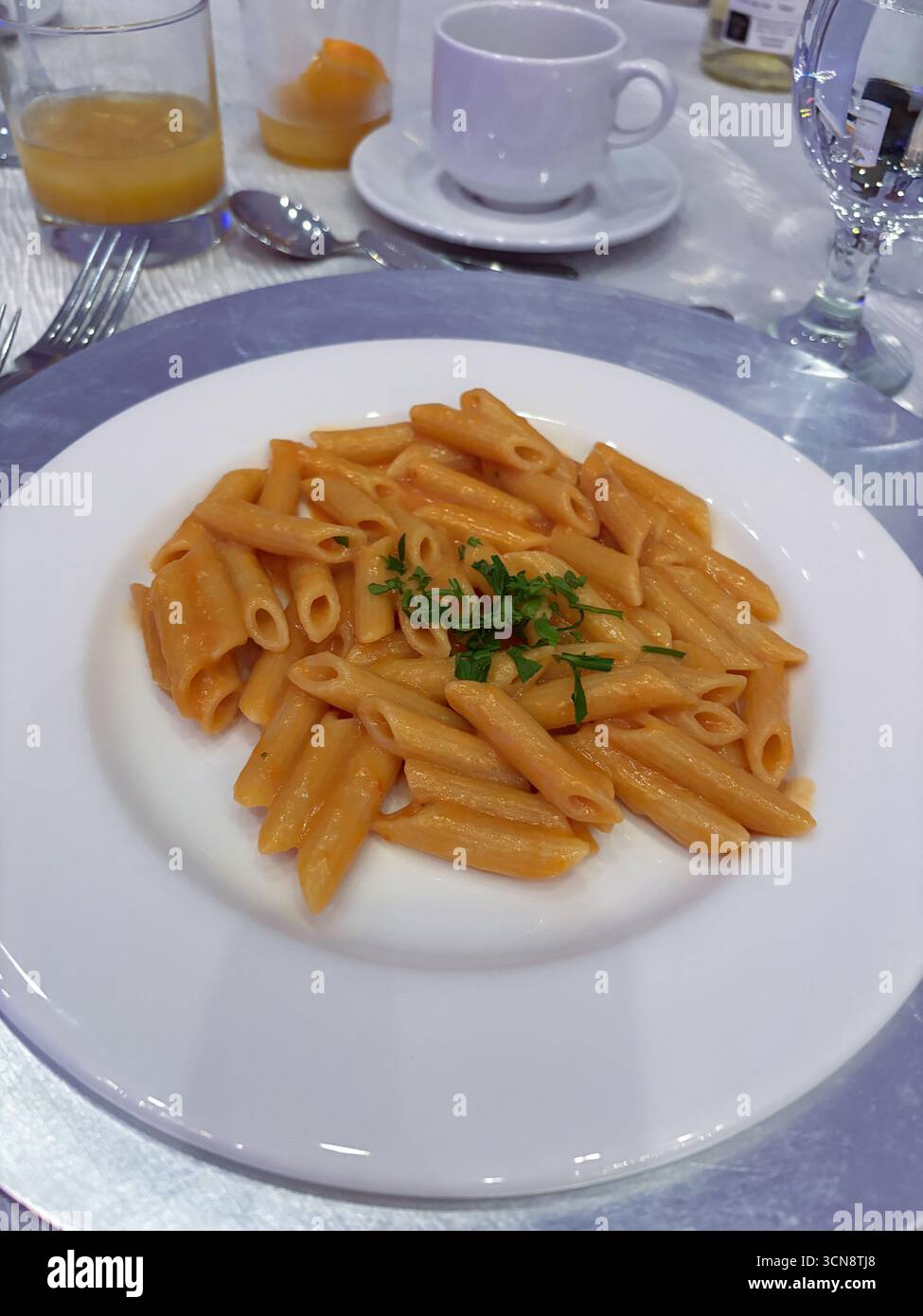 Penne Pasta, ein italienisches Gericht, serviert auf einem weißen Teller mit cremiger Tomatensoße und frischer Kräutergarnitur. Teil einer formellen Tischaufstellung. Stockfoto