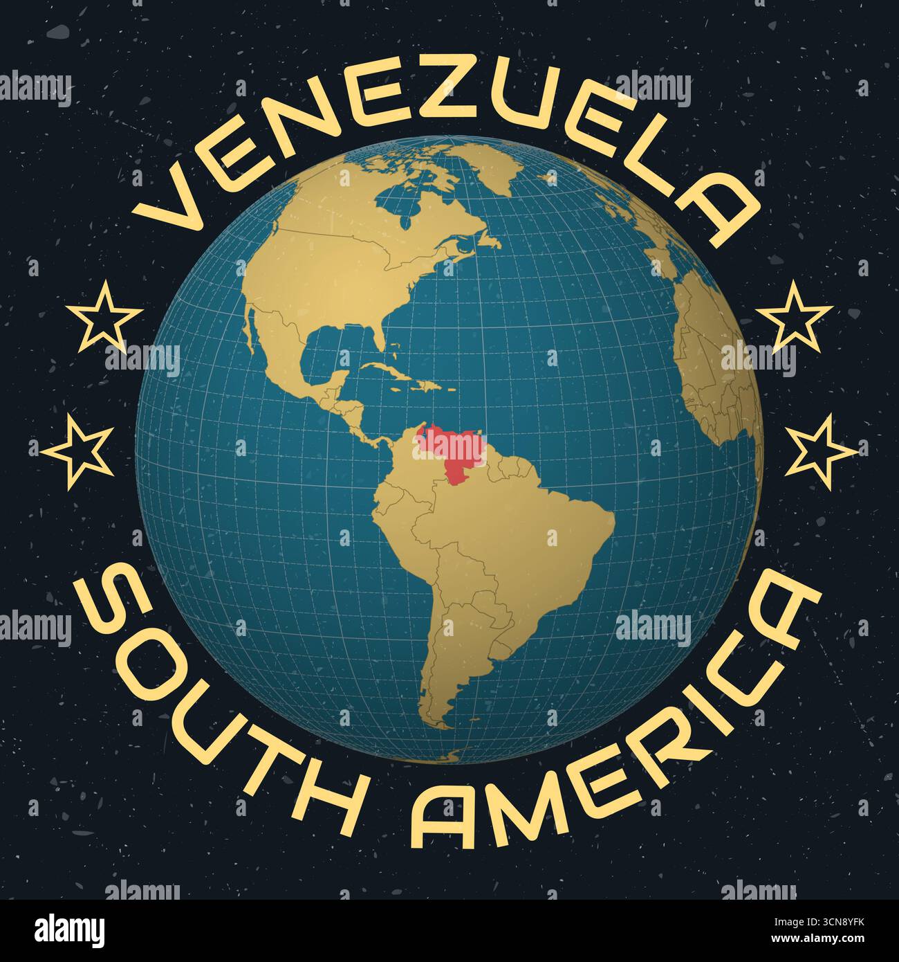 Venezuela auf Globe. Runder Text für Ländernamen. Vintage-Look mit zerkratzter Grunge-Textur. Stock Vektor