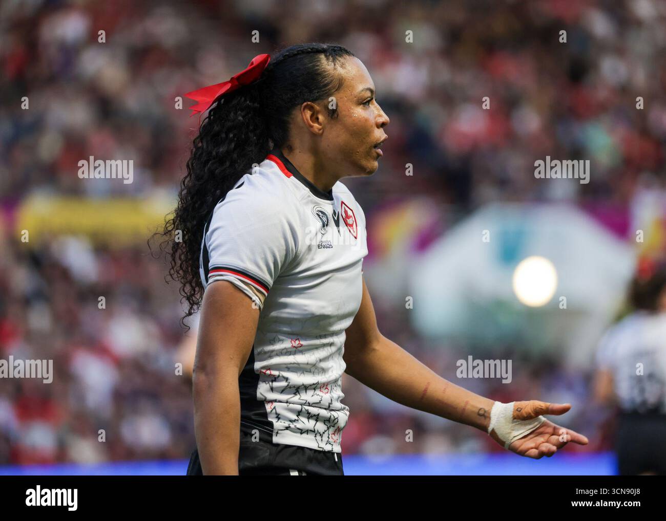 Bristol, Großbritannien. September 2025. Asia Hogan-Rochester (CAN), nachdem er im Halbfinale der Rugby-Weltmeisterschaft Neuseeland gegen Kanada im Ashton Gate Stadium einen Versuch gemacht hatte. NUR REDAKTIONELLE VERWENDUNG. NICHT FÜR KOMMERZIELLE ZWECKE. Bristol, Großbritannien © ️ Credit: Elsie Kibue/Alamy Live News Stockfoto