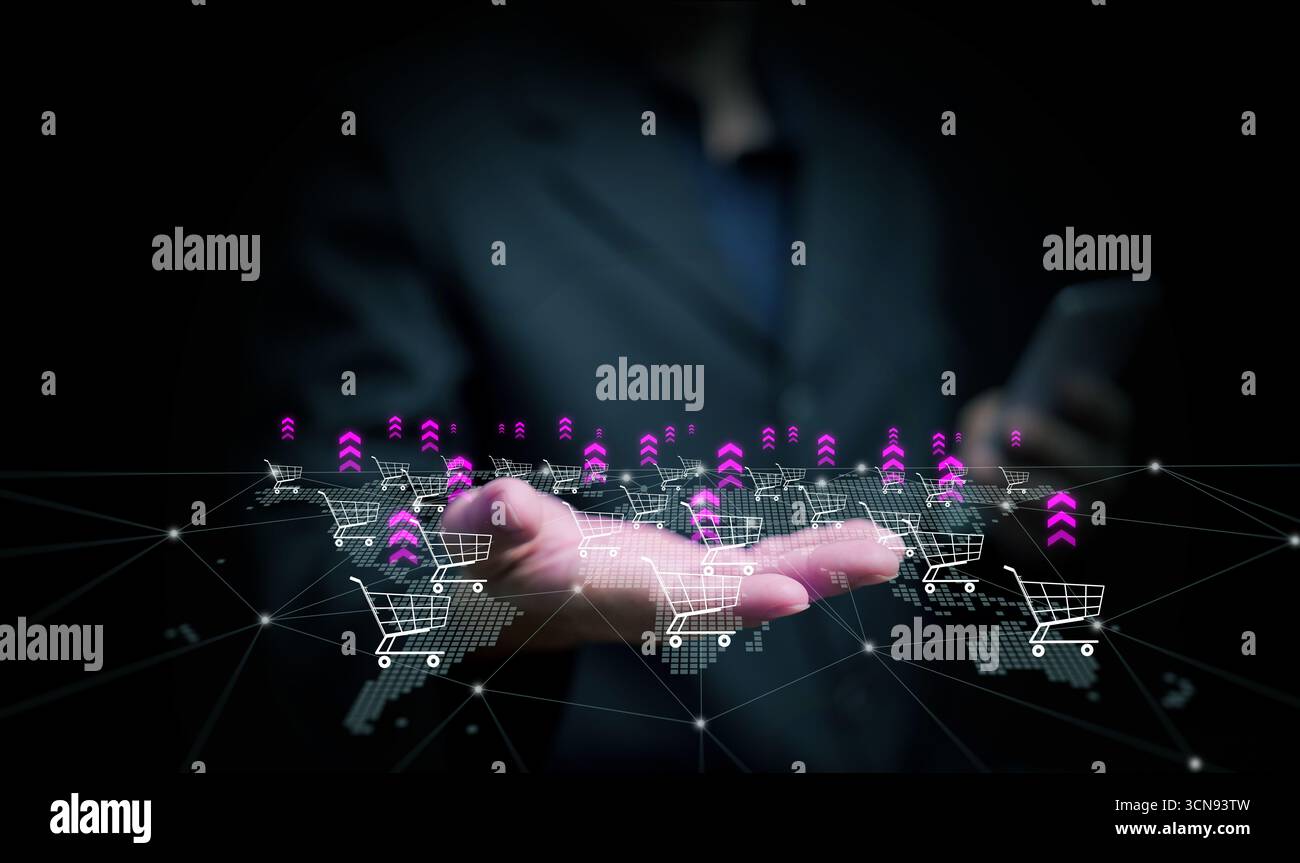 Abbildung des Umsatzwachstums im E-Commerce mit Netzwerkverbindungen und Einkaufswagen, die den grenzüberschreitenden Einzelhandel, den Erfolg des Online-Handels und den globalen D repräsentieren Stockfoto