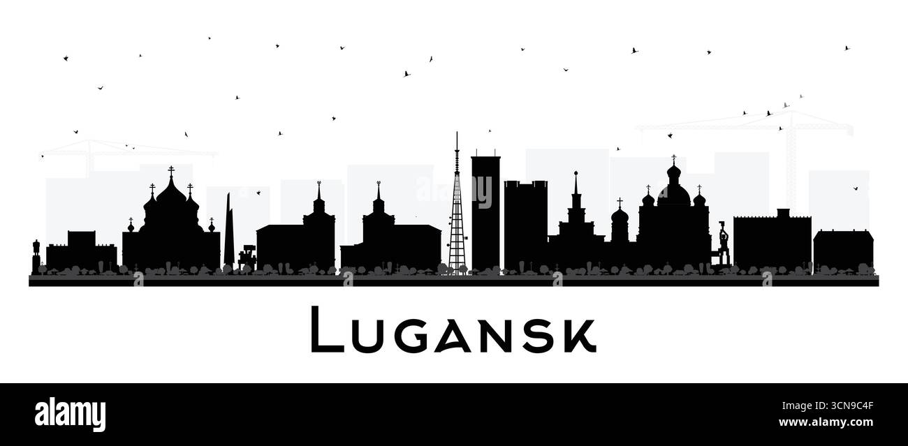 Silhouette der Skyline von Lugansk mit schwarzen Gebäuden auf weiß. Vektorabbildung. Luhansk Stadtbild mit Wahrzeichen. Stock Vektor