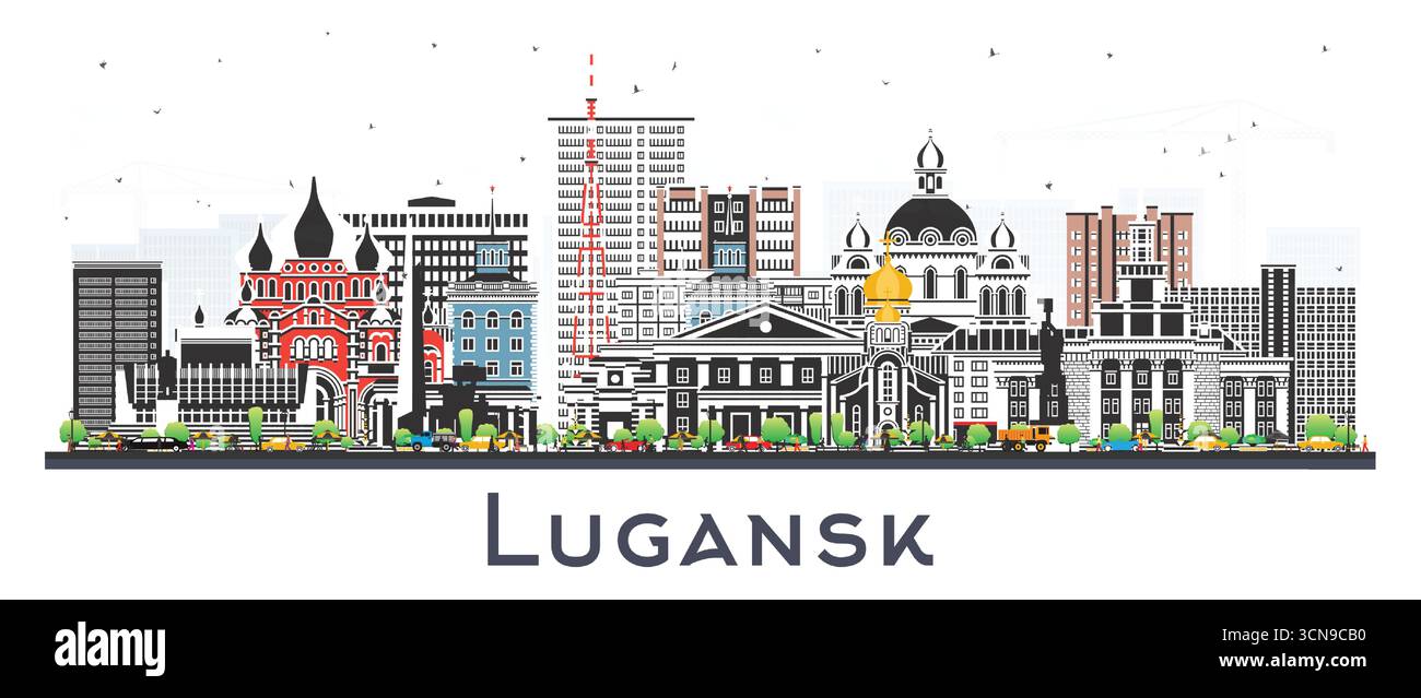 Lugansk City Skyline mit farbigen Gebäuden isoliert auf weiß. Vektorabbildung. Luhansk Stadtbild mit Wahrzeichen. Geschäftsreisen. Stock Vektor