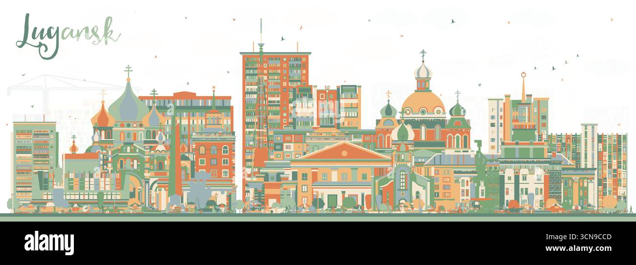 Lugansk City Skyline mit farbigen Gebäuden. Vektorabbildung. Luhansk Stadtbild mit Wahrzeichen. Business Reise und Tourismus Konzept mit modernem und Stock Vektor
