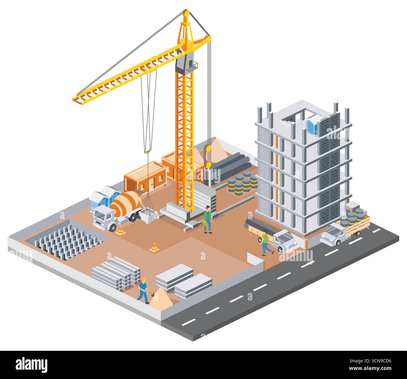 Isometrische Baustelle mit Turmkran, Arbeitern, LKW und unvollendetem Wolkenkratzer. Moderner Bauprozess mit Materialien, Ausrüstung und Straße Stock Vektor