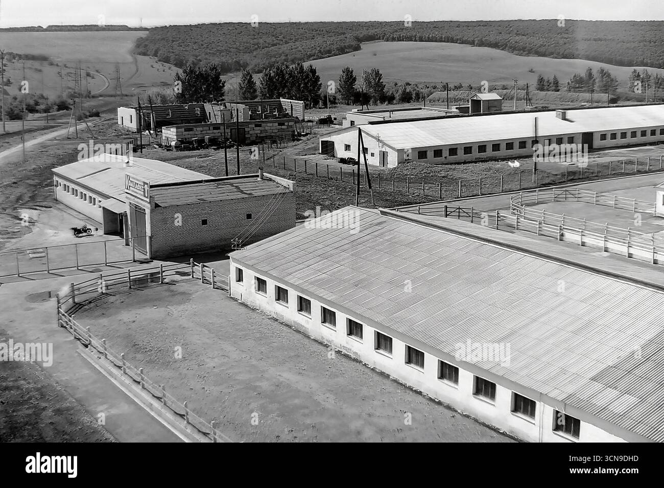 Ein historisches Panoramafoto aus den 1980er Jahren, aufgenommen aus einem hohen Winkel, das den großen Molkereikomplex des „Ukraine“ Kolchoz im Dorf Khrestyschche, ukrainische SSR, zeigt. Die langen, parallelen Reihen von Kuhställen mit Schieferdächern demonstrieren den industriellen Ansatz der Landwirtschaft im spätsowjetischen Donbass. Das Bild ist ein Dokument, das die Architektur und Produktionskraft der sowjetischen Agrarindustrie widerspiegelt Stockfoto