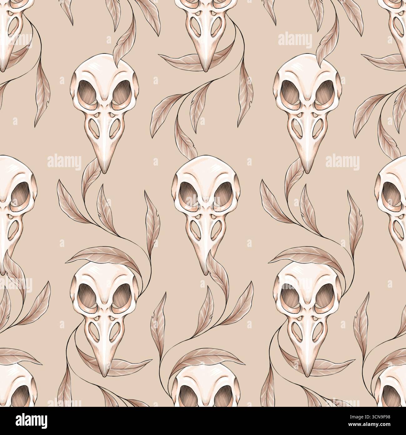 Nahtloses Muster mit handgezeichneten Vogelschädeln und eleganten Blättern auf hellbeigem Hintergrund. Das Design hat einen gotischen Stil und ist perfekt für Mysteri Stockfoto