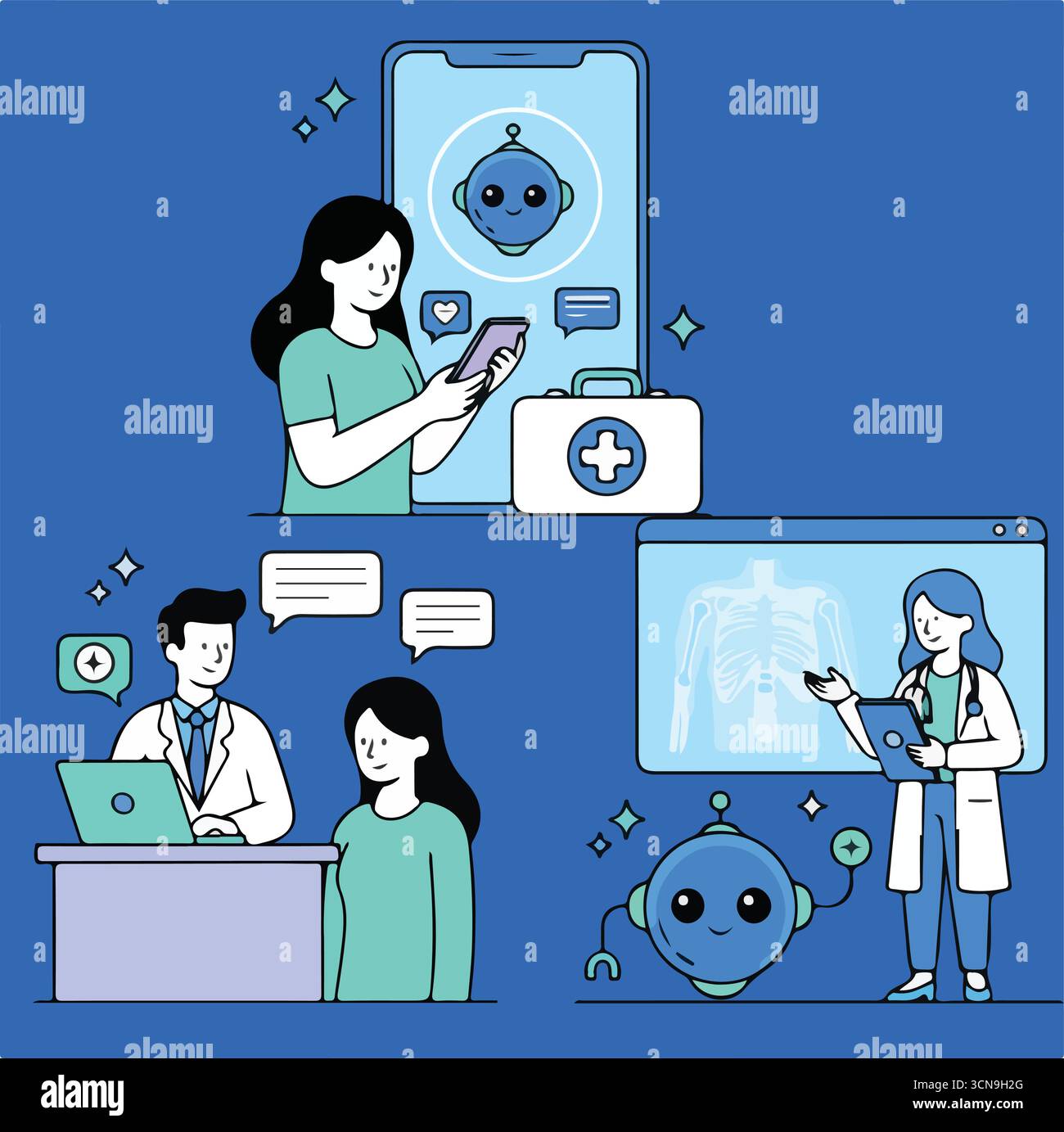 Künstliche Intelligenz im medizinischen Set. Die Charaktere des Arztes verwenden KI-Werkzeuge für die Patientenunterstützung, Diagnose und medizinische Analyse. Technologie für das Gesundheitswesen im Intimbereich Stock Vektor