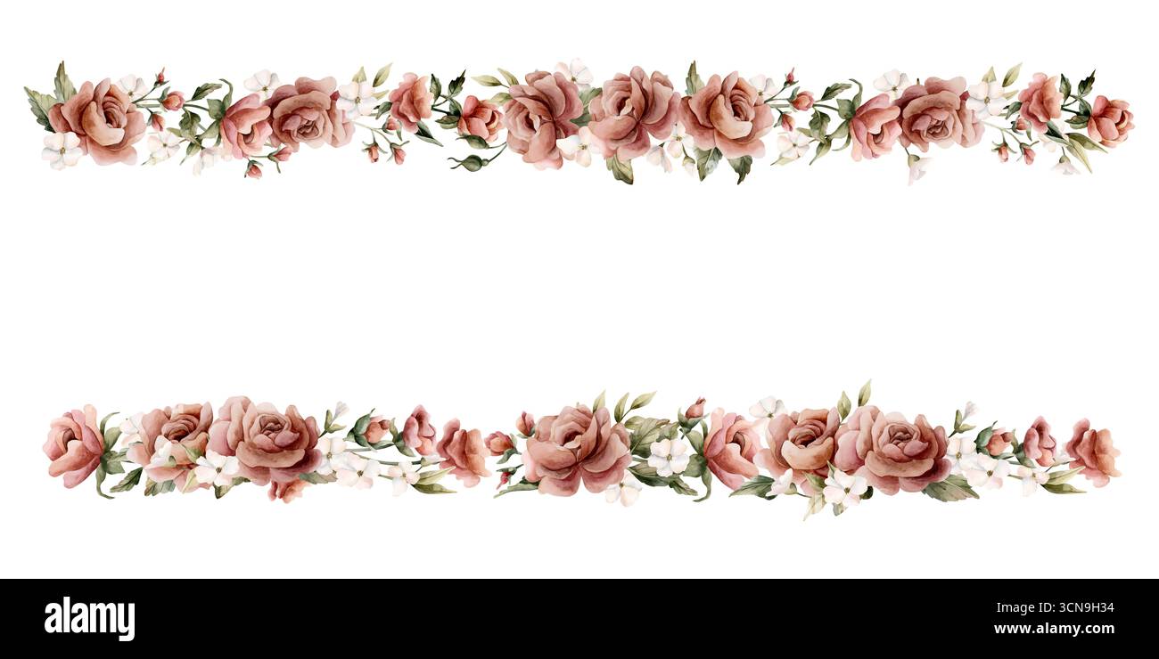 Rosenblumenrahmen. Verstaubte rosafarbene Gartenblumen, rechteckiges Arrangement. Aquarell handgemalt florale isolierte Illustration für Hochzeit Design, Home te Stockfoto