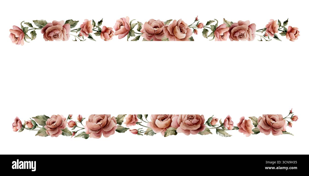 Rosenblumenrahmen. Verstaubte rosafarbene Gartenblumen. Aquarell handgemalt florale isolierte Illustration für Hochzeitsdesign, Heimtextilien Stockfoto