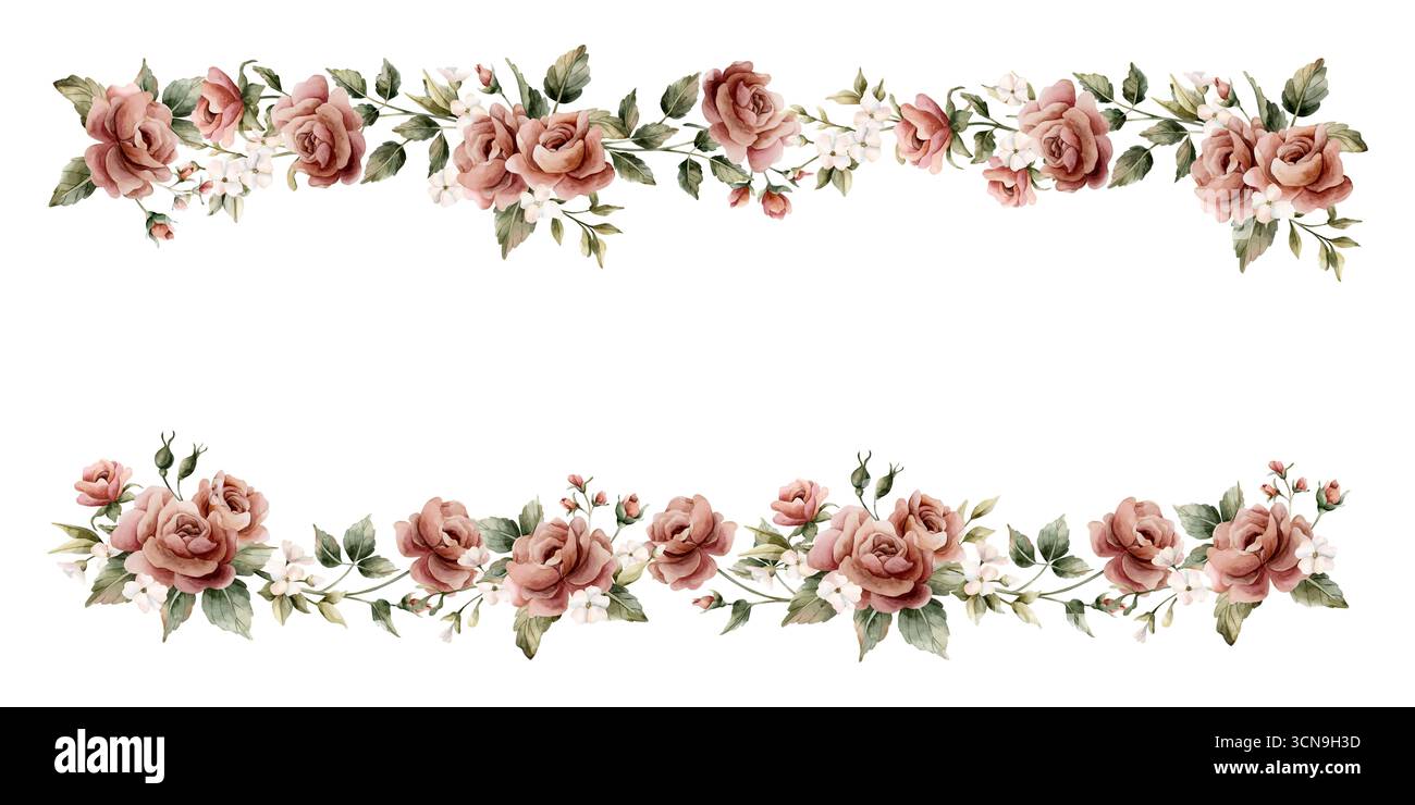 Rosenblumenrahmen. Verstaubte rosafarbene Gartenblumen, rechteckiges Arrangement. Aquarell handgemalt florale isolierte Illustration für Hochzeit Design, Home te Stockfoto