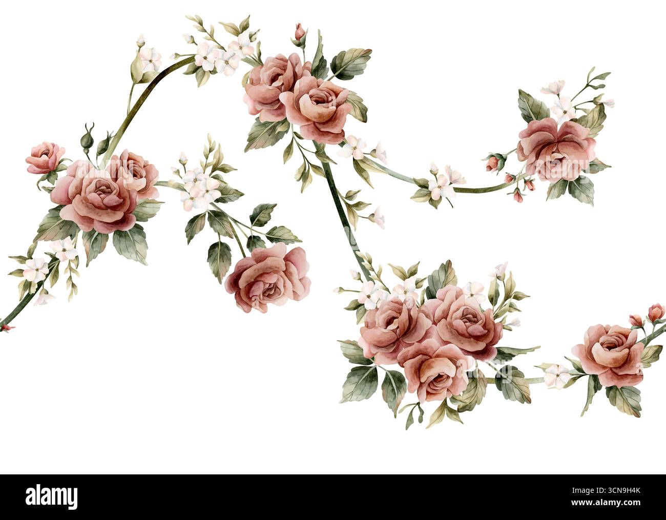 Nahtloser Rand mit Rosenblüten. Verstaubte rosa und weiße Gartenblumen. Aquarell handgemalt florale isolierte Illustration für Hochzeitsdesign, Wohntextil Stockfoto