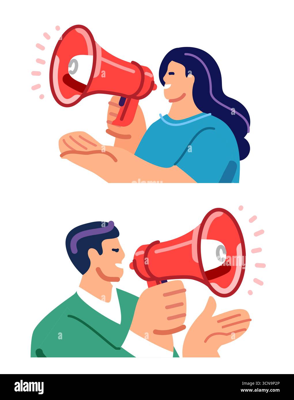 Lautsprecher mit Megaphon. Lautsprecher für Durchsagen und Kommunikation. Business-, Marketing- und Werbekonzept Stock Vektor