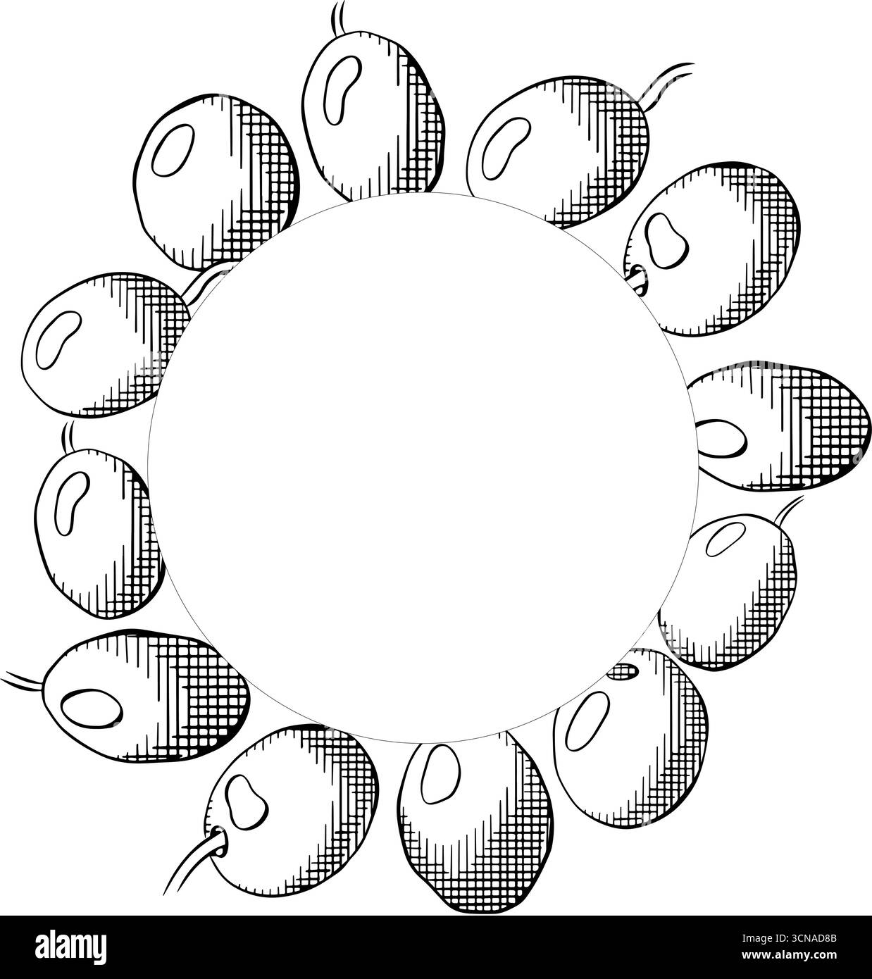 Quadratische Schablone mit schwarzem Beerenkreis. Grafischer Vektorstrich Tinte Schwarz-weiß-Illustration. Silhouettenzeichen für Logo, Druck, Comics, Mode, Pop Stock Vektor