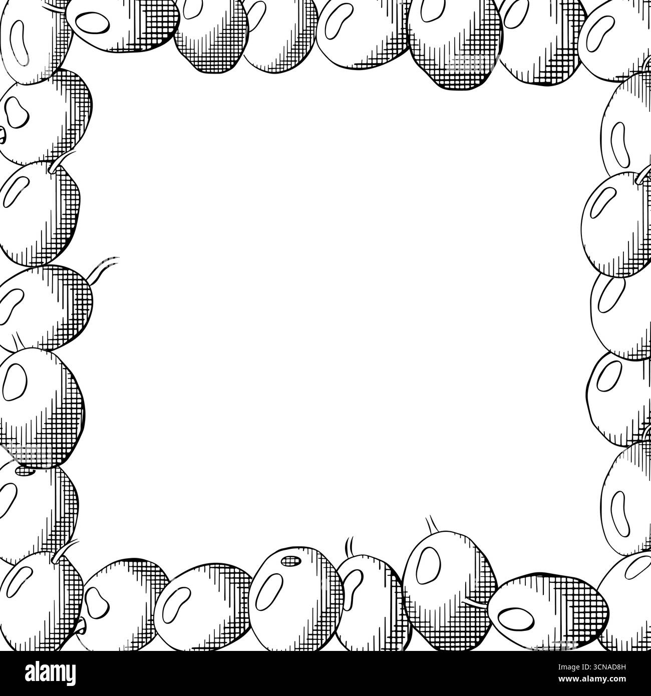 Quadratische Rahmenschablone aus Oliven schwarzen Beeren. Grafischer Vektorstrich Tinte Schwarz-weiß-Illustration. Silhouettenzeichen für Logo, Druck, Comics, Mode, Pop A Stock Vektor