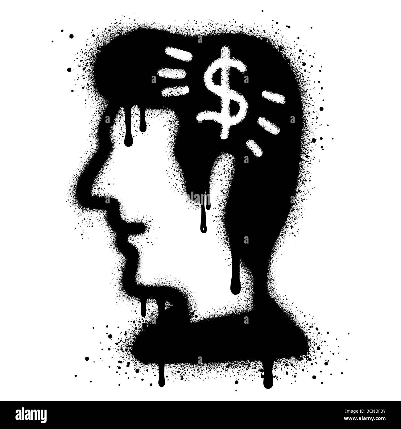 Banker-Symbol. Kopf mit einem Dollarzeichen in der Mitte. Das Konzept, dass jeder Mensch immer an Geld denkt. Stock Vektor