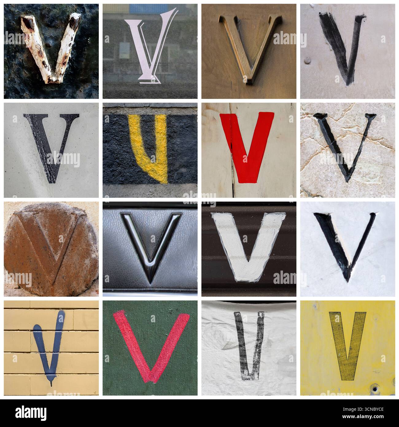Stadtstraße 16 Buchstaben V Serif und san Serif #01. Sammlung von 16 Serifenbuchstaben und san Serifenbuchstaben, die auf städtischen Straßen aufgenommen wurden Stockfoto