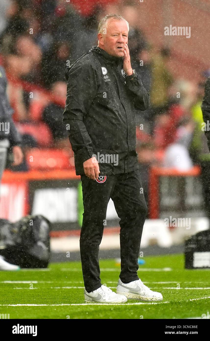 Chris Wilder, Manager von Sheffield United, reagiert beim Sky Bet Championship-Spiel in der Bramall Lane, Sheffield. Bilddatum: Samstag, 20. September 2025. Stockfoto