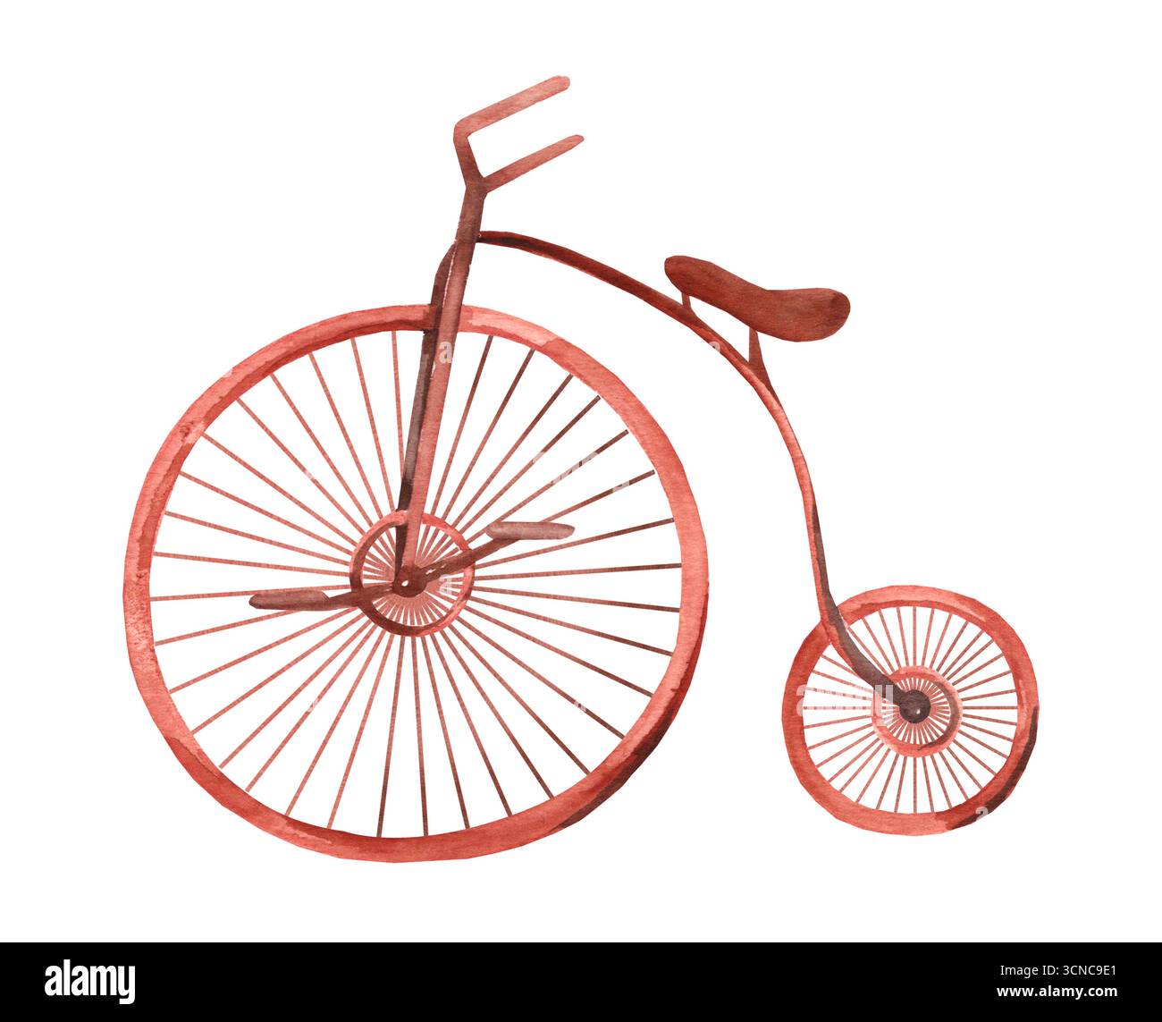 Aquarellabbildung eines Vintage-Fahrrads aus dem 19. Jahrhundert isoliert auf weißem Hintergrund Stockfoto