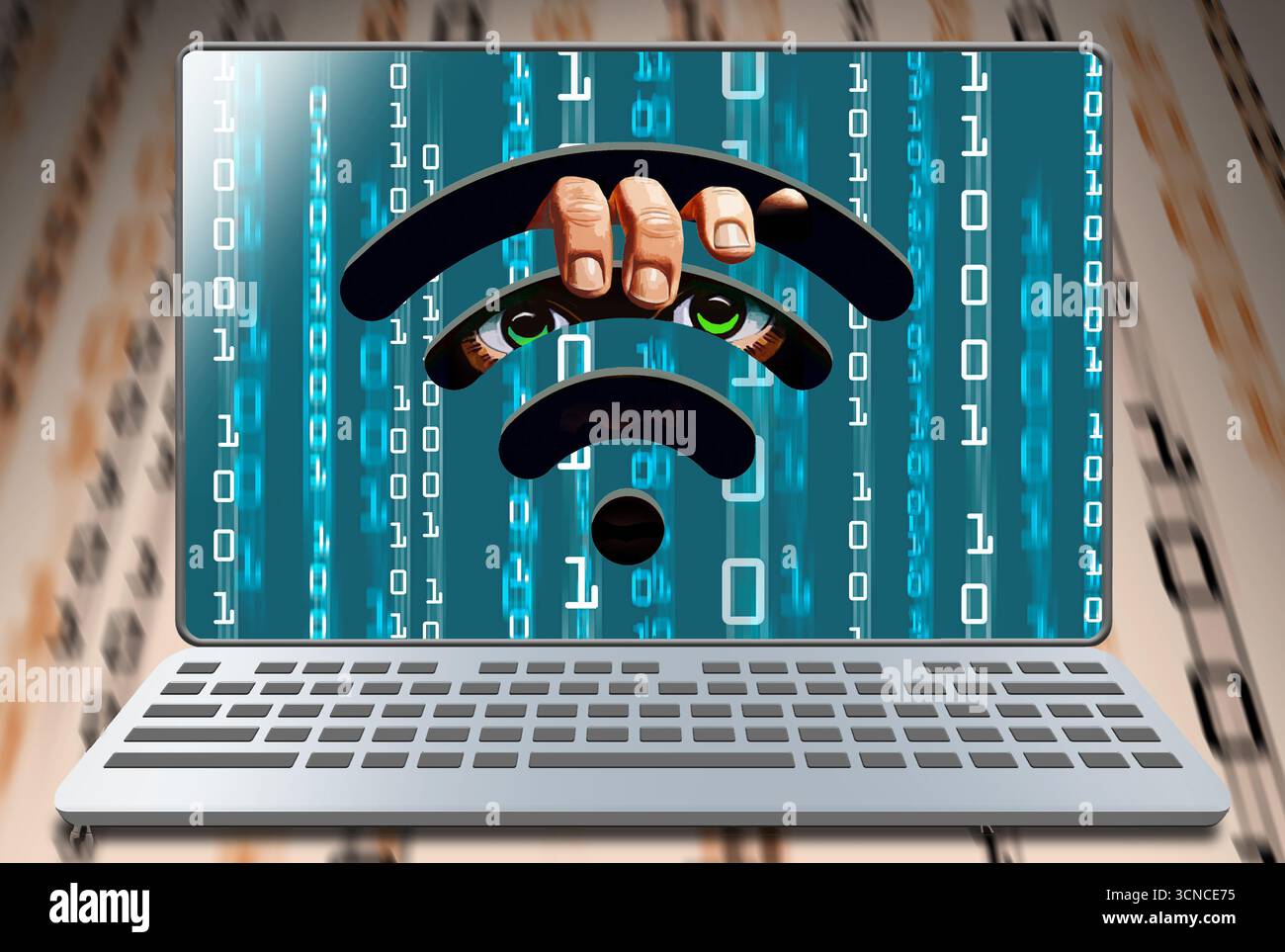 In dieser 3D-Abbildung lauert ein Datendieb in Ihrem Computer, indem er über wi-fi Zugriff erhält. Stockfoto