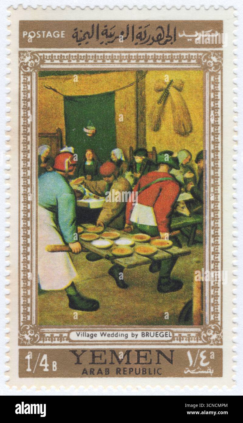 ARABISCHE REPUBLIK JEMEN - 1967. Oktober: ¼ buqsha mehrfarbige Briefmarke mit einem Fragment des Genrebildes Bauernhochzeit (1567) des niederländischen und flämischen Renaissance-Meisters Pieter Bruegel dem Älteren. Sie befindet sich heute im Kunsthistorischen Museum in Wien. Pieter Bruegel der ältere mochte es, in so vielen seiner Gemälde Bauern und verschiedene Aspekte ihres Lebens zu malen, dass er Bauernbruegel genannt wurde, aber er war ein Intellektueller, und viele seiner Gemälde haben eine symbolische und einen moralischen Aspekt Stockfoto ARABISCHE REPUBLIK JEMEN - 1967. Oktober: ¼ buqsha mehrfarbige Briefmarke mit einem Fragment des Genrebildes Bauernhochzeit (1567) des niederländischen und flämischen Renaissance-Meisters Pieter Bruegel dem Älteren. Sie befindet sich heute im Kunsthistorischen Museum in Wien. Pieter Bruegel der ältere mochte es, in so vielen seiner Gemälde Bauern und verschiedene Aspekte ihres Lebens zu malen, dass er Bauernbruegel genannt wurde, aber er war ein Intellektueller, und viele seiner Gemälde haben eine symbolische und einen moralischen Aspekt Stockfoto