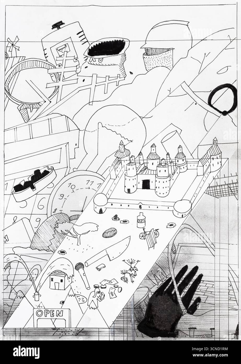 Skizze einer abstrakten Collage von Innenräumen, Ritterburgen, Bäumen, Küchenutensilien und anderen Gegenständen, handgezeichnet mit schwarzem Bleistift und Markierstift Stockfoto