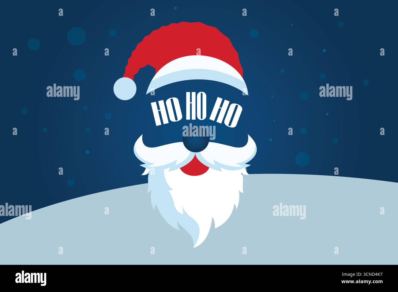 Ein festlicher Weihnachtsmann-Vektor mit klassischer roter Kappe, weißem Bart und fröhlichem „Ho Ho Ho“-Text auf einem hellblauen Hintergrund. Stock Vektor