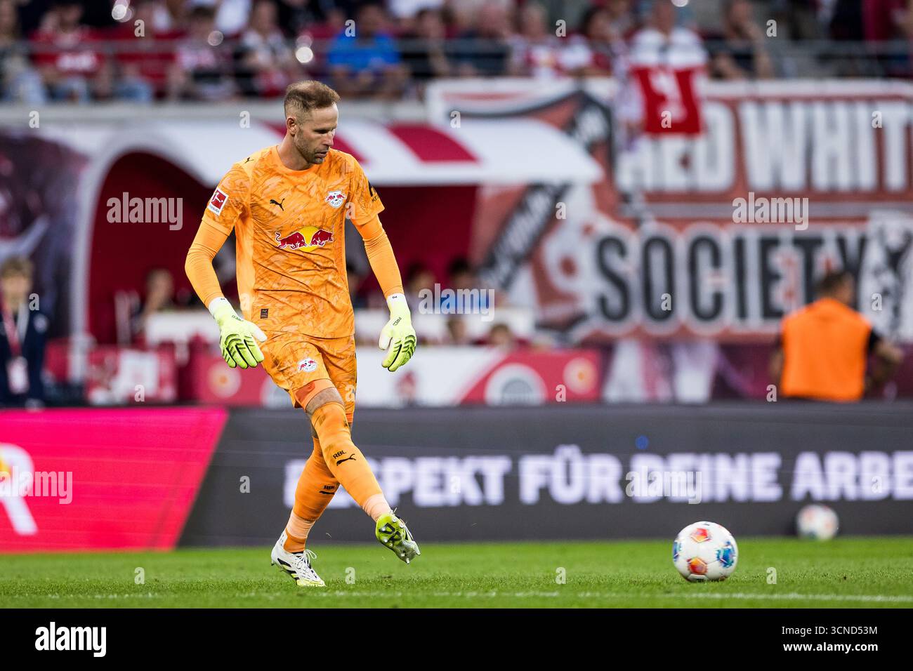 Leipzig, Deutschland. September 2025. Peter Gulacsi (RB Leipzig, 1) am Ball 1. Fu?Ball Bundesliga, RB Leipzig - 1. FC K?ln, Leipzig, Red Bull Arena am 20.09.2025 DFL-VORSCHRIFTEN VERBIETEN DIE VERWENDUNG VON FOTOS ALS BILDSEQUENZEN UND/ODER QUASI-VIDEO. Quelle: dpa/Alamy Live News Stockfoto