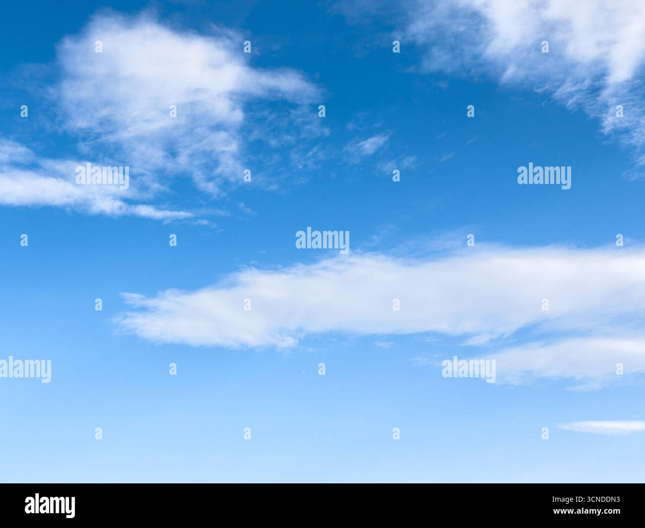 Klarer blauer Himmel mit hohen verstreuten weißen Kumuluswolken an einem sonnigen Tag. Copyspace Stockfoto