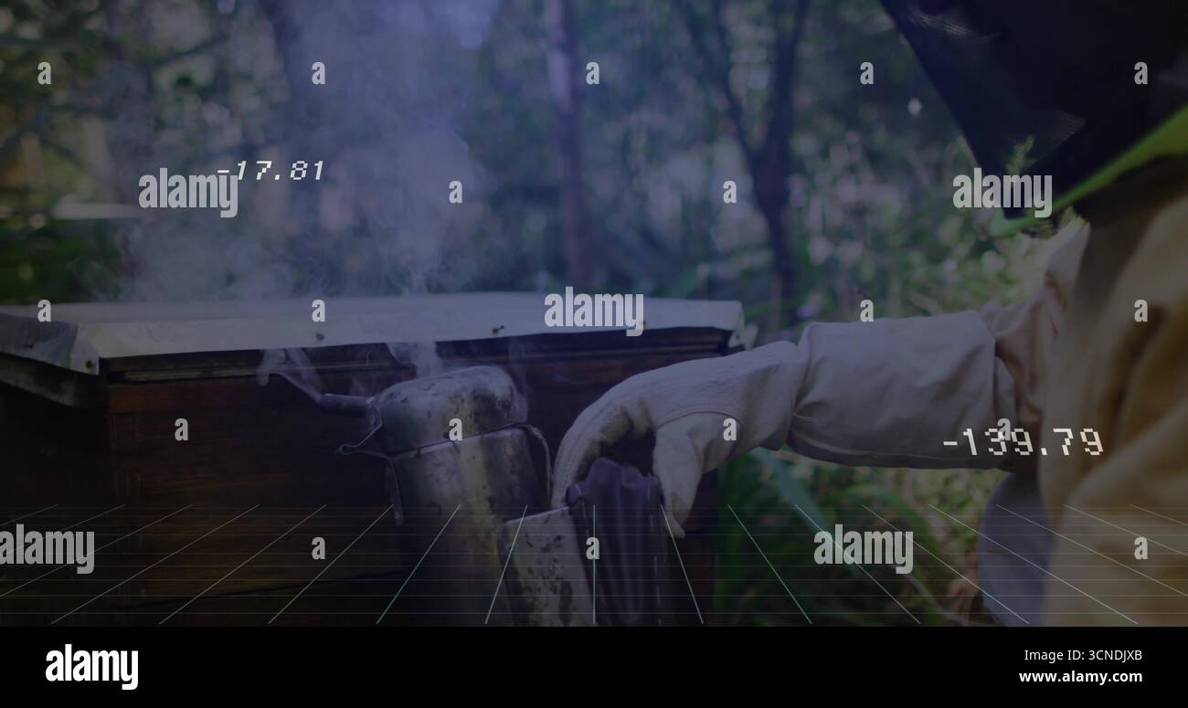 Imker im Anzug, der Bienenstock-Werkzeug neben hölzernem Bienenstock-Kasten im Bienenhaus manipuliert, Metallraucher, Kopierraum Stockfoto