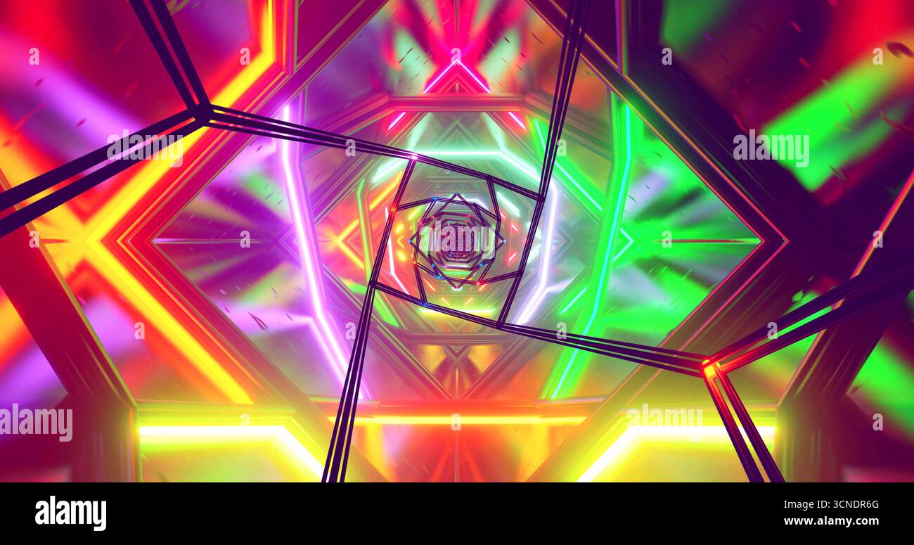 Ein lebendiger Tunnel mit pulsierenden Neonlichtern in verschiedenen Farben spiralisiert sich in die Ferne. Die Konstruktion verfügt über geometrische Formen, die eine faszinierende Ansicht darstellen Stockfoto