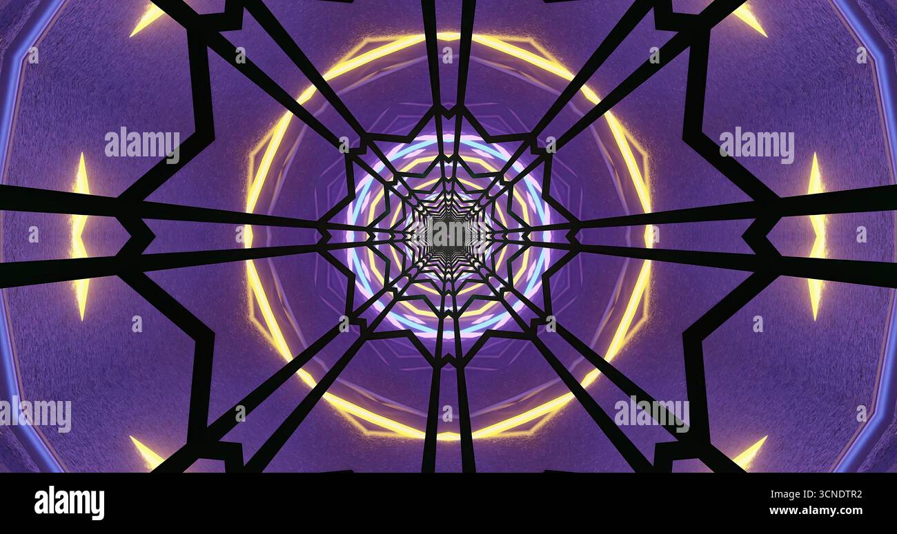 Ein farbenfrohes, abstraktes geometrisches Muster erzeugt einen faszinierenden Tunneleffekt. Das Design zeichnet sich durch scharfe Linien und helle Violett- und Gelbtöne aus Stockfoto