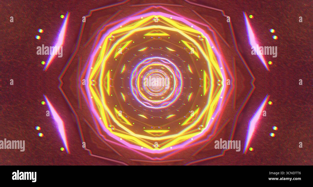 Helle, wirbelnde geometrische Muster erzeugen eine faszinierende visuelle Darstellung. Lichter in verschiedenen Farben verschmelzen miteinander und bilden ein dynamisches und fesselndes ci Stockfoto