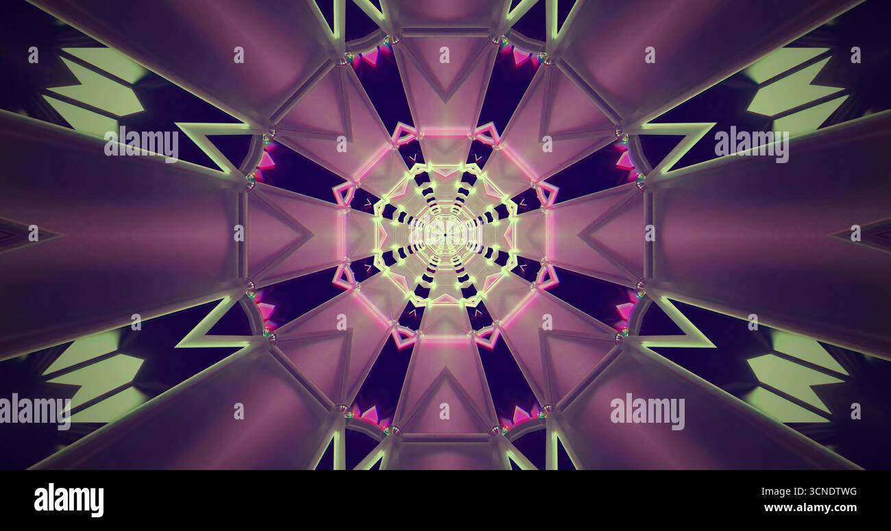 Dieses Kunstwerk zeigt ein komplexes geometrisches Design mit hellen lila und grünen Farben. Das komplizierte Muster bildet eine symmetrische Form und zeichnet t Stockfoto