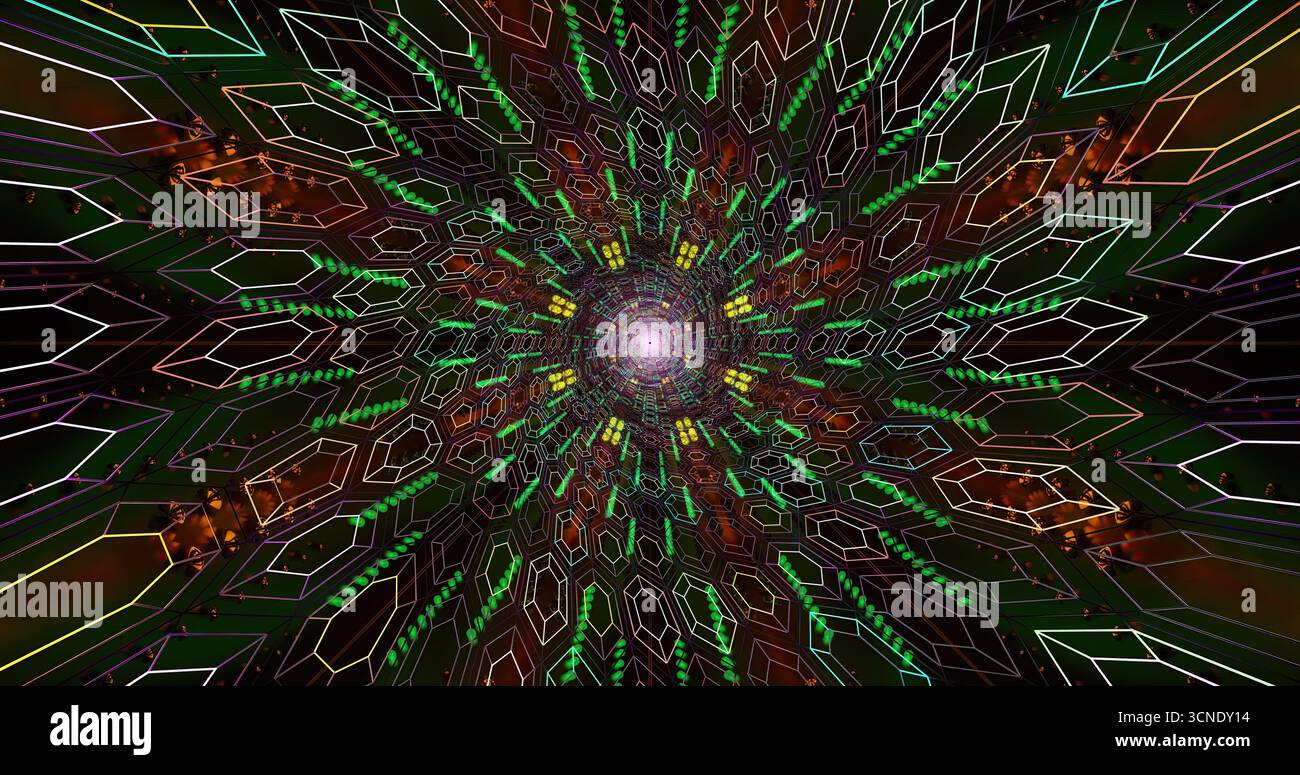 Dieses Kunstwerk besticht durch ein fesselndes Spiraldesign mit lebhaften Grün- und Orangetönen. Stockfoto