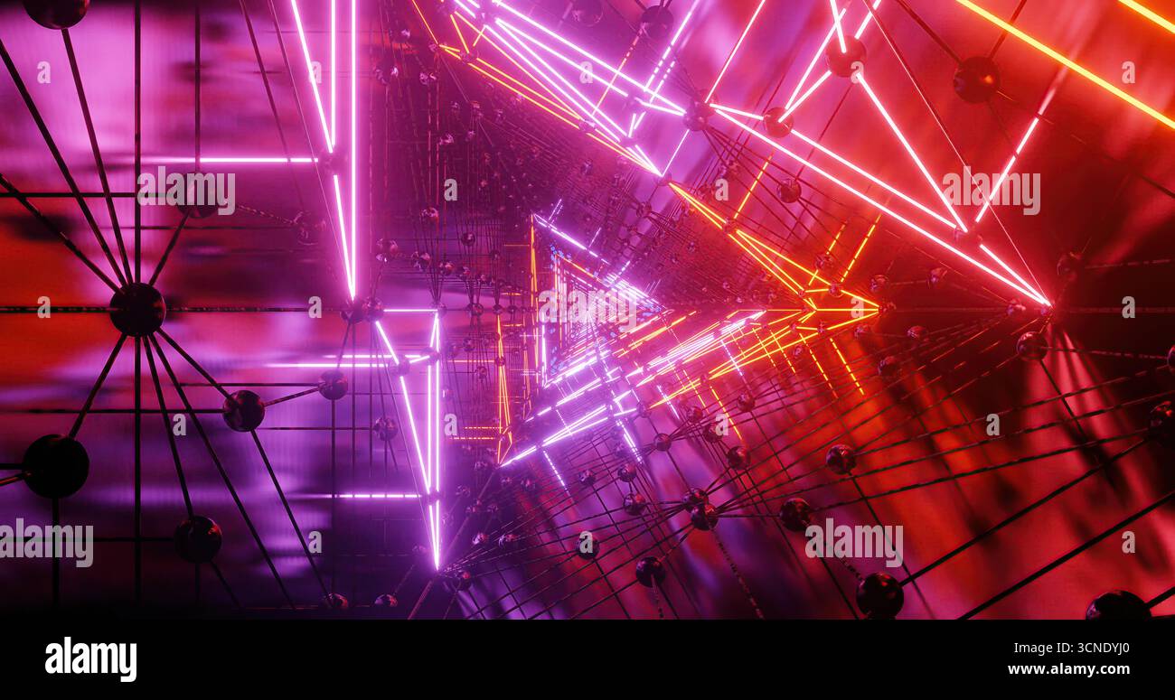 Helle Neonlichter in Rosa, Orange und Lila erzeugen einen abstrakten Tunneleffekt. Die geometrischen Formen und Linien verstärken die lebendige Atmosphäre Stockfoto
