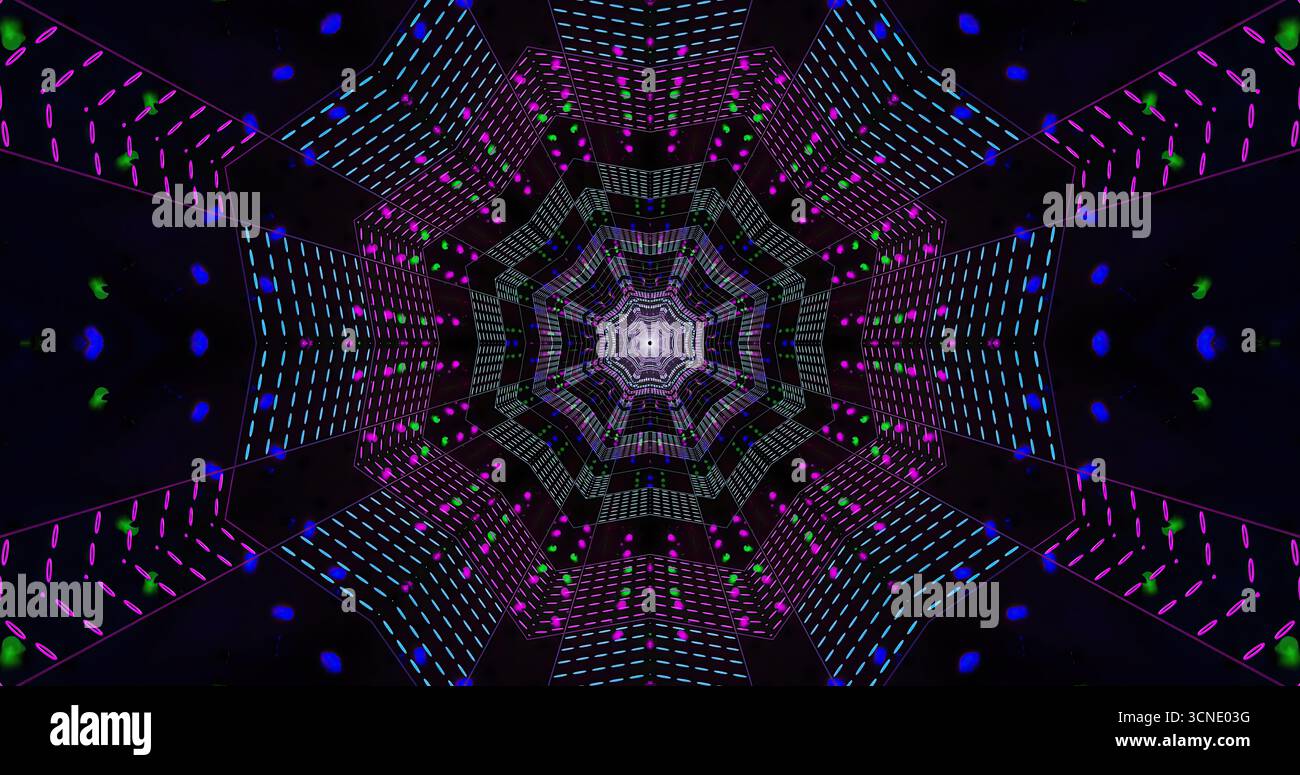 Ein faszinierender digitaler Tunnel mit leuchtenden Neonmustern in Blau-, Rosa- und Grüntönen. Das Design erzeugt eine fesselnde Illusion von Tiefe Stockfoto