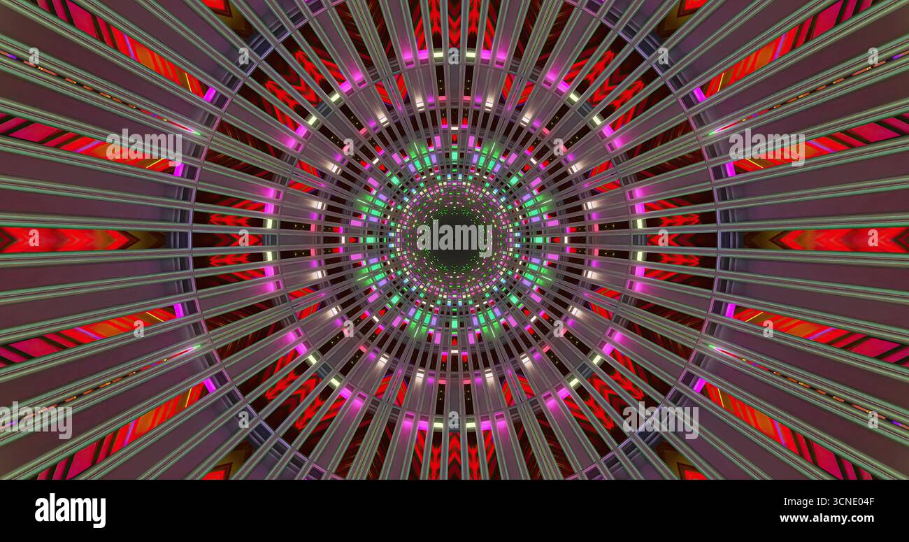Ein lebendiges Spiralmuster mit hellen Lichtern und Farben in einer digitalen Kreation. Die Konstruktion besteht aus konzentrischen Kreisen und komplizierten Linien, die f Stockfoto