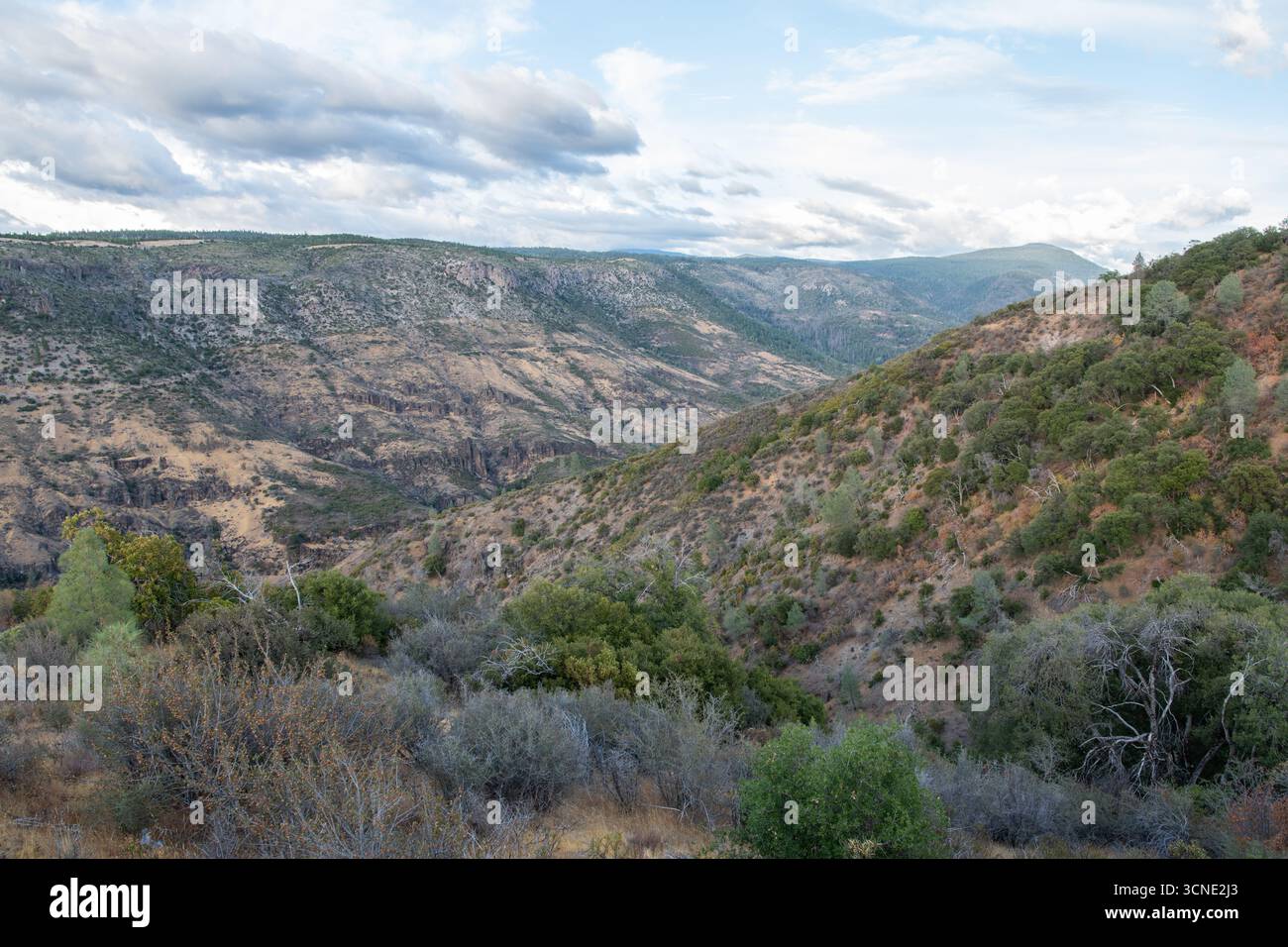 Trockene, raue Landschaft mit Hügeln und Klippen in Nordkalifornien an der Westküste, Nordamerika. Stockfoto